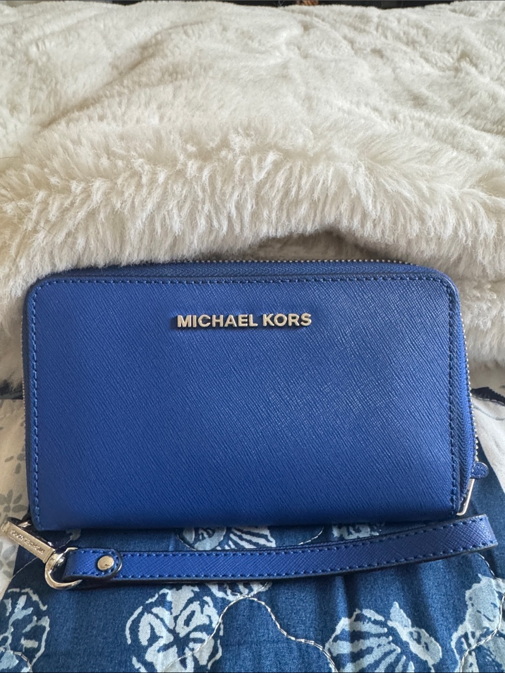 Michael Kors Royal Blue Saffiano Zip Wallet with Wristlet